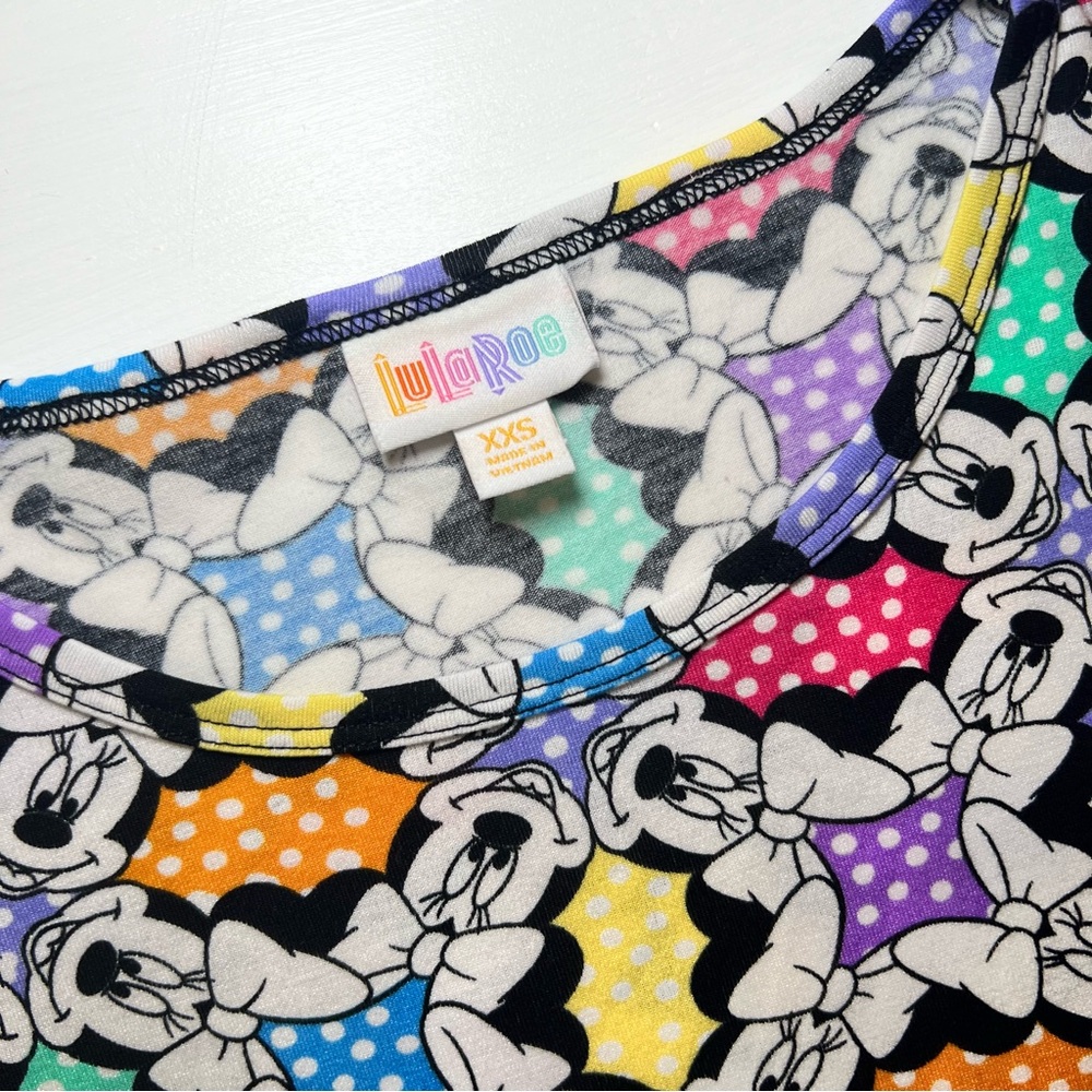 EUC XXS LuLaRoe Short Sleeve Irma Minnie Mouse Top Disney Multicolor Print 120